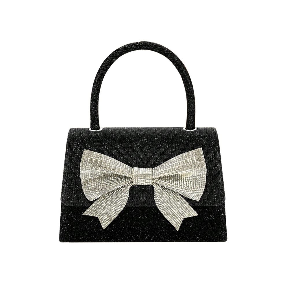 Qwinee Sparkly Bow Clutch with Chain Strap for Parties (Black)